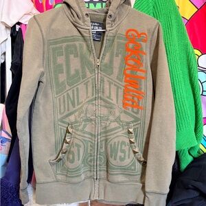 Ecko Unlimited Olive Zip-Up Hoodie with Orange Logo